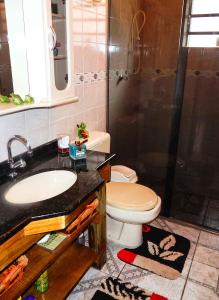 ein Badezimmer mit Toilette, Waschbecken und Dusche in der Unterkunft Chale Bosque da Serra - Lindo Chalé in Canela