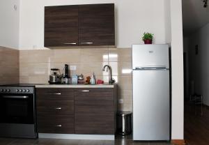 La cuisine est équipée d'un réfrigérateur blanc et de placards en bois. dans l'établissement Apartment Leonis, à Belgrade