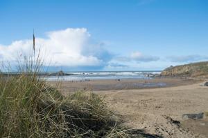 una spiaggia sabbiosa con persone nell'oceano di Bude Holiday Mobile Home a Bude