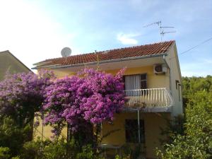 dom z fioletowymi kwiatami na boku w obiekcie Apartments Runac w mieście Stari Grad