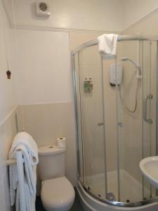 a bathroom with a shower and a toilet and a sink at Blyth Hotel in Southwold