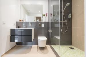 a bathroom with a shower and a toilet and a sink at Friedrich Boutique-Apartments in Freiburg im Breisgau +75 photos