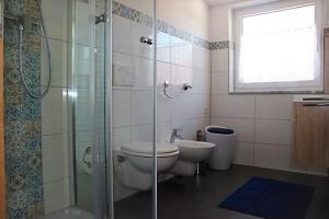a bathroom with a toilet and a glass shower at BodenSEE Apartment Steinackerweg in Meckenbeuren