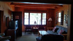 a living room with a couch and a tv at Log Cottage on Blue Lake in Kalkaska