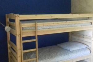 Ce lit superposé en bois se trouve dans un dortoir. dans l'établissement Domaine Du Randier, à Ferrières-sur-Sichon