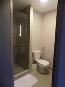 a bathroom with a toilet and a glass shower at ibis Igrejinha in Igrejinha