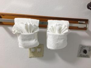 a pair of towels hanging on a towel rack at OceanView Motel in Huntington Beach +69 photos