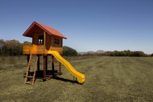een speeltuin met een glijbaan en een klein huisje bij Rancho los Madroños in Villa del Carbón
