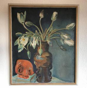 une peinture d'un vase avec une plante. dans l'établissement Willi Ohler Haus, à Worpswede