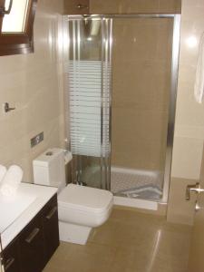 een badkamer met een toilet en een glazen douche bij Hotel Ifigenia in Leptokarya