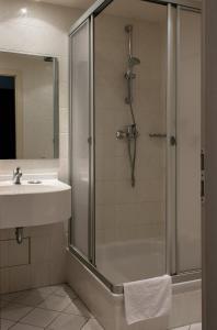 ein Bad mit einer Dusche und einem Waschbecken in der Unterkunft Landhotel Alt-Jocketa in Pöhl
