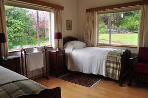 1 dormitorio con cama y ventana grande en Kierie Kwaak Self Catering en Stellenbosch