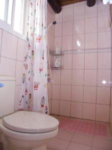 y baño con aseo y cortina de ducha. en 任我行民宿, en Jincheng