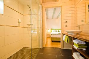 La salle de bains est pourvue d'une douche et d'un lavabo. dans l'établissement Ferienblockhaus Auerhahn & Luchs, à Hahnenklee