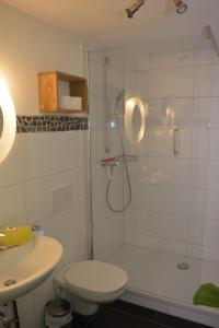 e bagno con doccia, servizi igienici e lavandino. di Bergsteiger-Hotel "Grüner Hut" a Bad Hindelang