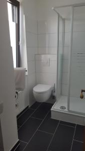 a bathroom with a toilet and a glass shower at Hotel Alt Steinbach in Steinbach im Taunus