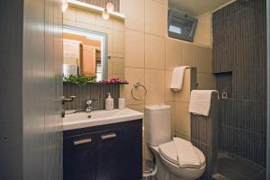 a bathroom with a sink and a toilet and a mirror at Celestia Traditional Houses in Keramoto