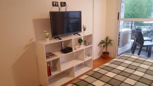uma sala de estar com televisão numa prateleira branca em Tango Cozy Estudio Luminoso WiFi em Buenos Aires