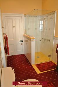 a bathroom with a shower with a glass partition at The Grange in Auckland