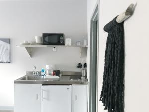 a small kitchen with a sink and a mirror at Airport Inn in Hailey