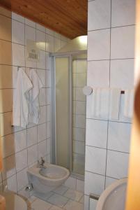 ein Bad mit einem Waschbecken, einem WC und einer Dusche in der Unterkunft Appartement Seebacher in Hochfilzen