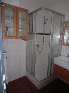 y baño con ducha y lavamanos. en Fewo 2 Ferienwohnung Waren Müritz - Haus Buchen am Tiefwarensee - 2 Zi, en Waren