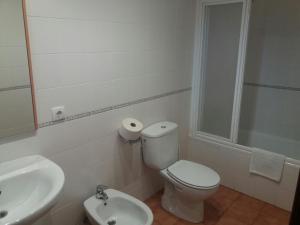 a white bathroom with a toilet and a sink at Hospedería Prepirineo in Undués-Pintano