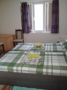 een slaapkamer met een bed met een groene en witte geruite deken bij Vila Bachkovo in Bachkovo