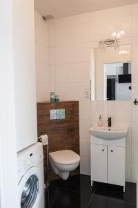 a bathroom with a washing machine and a sink at Apartament Winogrady Hawelańska in Poznań