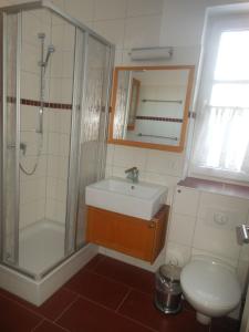 een badkamer met een wastafel, een douche en een toilet bij Fewo 2 Ferienwohnung Waren Müritz - Haus Buchen am Tiefwarensee - 2 Zi in Waren