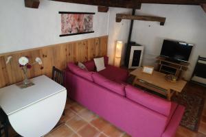 a living room with a purple couch and a tv at Au Pied du Château in Gréolières les Neiges