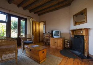 ein Wohnzimmer mit Kamin und Fernseher in der Unterkunft Monkey Valley Resort in Noordhoek