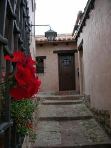 un edificio con una puerta con flores rojas. en Apartamentos Cine Capicol en Albarracín