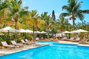 a pool with chairs and umbrellas and palm trees at Friday Attitude in Trou d'Eau Douce
