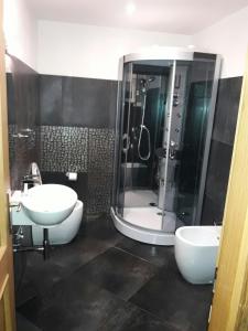 a bathroom with a shower and a sink and a toilet at Central Greenlife in Tarvisio