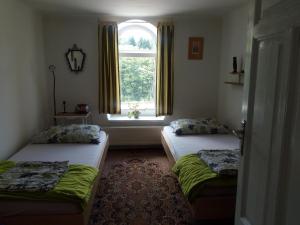2 Betten in einem Zimmer mit Fenster in der Unterkunft Apartment Krkonošská in Tanvald
