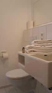 マルクドルフにあるCity Appartementのトイレと洗面台を備えた白いバスルーム +8枚の写真