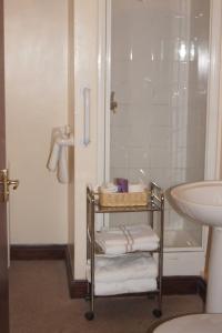 uma casa de banho com um carrinho de toalhas com um lavatório e um chuveiro em Mullacott Farm em Ilfracombe