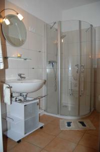 ein Bad mit einer Dusche, einem Waschbecken und einem Spiegel in der Unterkunft Ferienwohnung_Beethovenstrasse in Westerstede