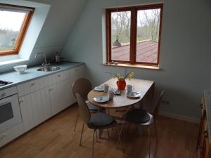 - une cuisine avec une table, des chaises et un évier dans l'établissement Uferschwalbe, à Kopperby