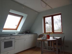 a kitchen with a table and two windows at Uferschwalbe in Kopperby
