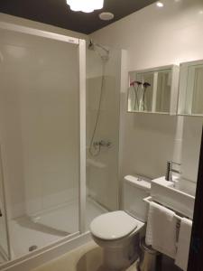 y baño con ducha, aseo y lavamanos. en Fuerteventura in Loft, en Gran Tarajal