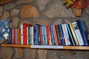 a row of books sitting on a wooden shelf at Hotel Giardino delle Palme in Campese