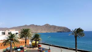 a view of a beach with palm trees and the ocean at Fuerteventura in Loft in Gran Tarajal