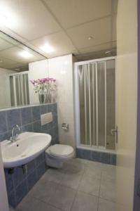 La salle de bains est pourvue d'un lavabo, de toilettes et d'une douche. dans l'établissement Hotel Velsen, à IJmuiden