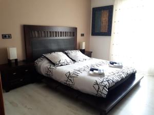 ログローニョにあるMarqués de La Riojaのベッドルーム1室(ベッド1台、白黒の掛け布団付)