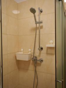 a shower with a shower head in a bathroom at Traugutta apartment in Wrocław