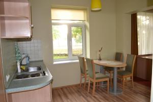 eine Küche mit einem Tisch, einem Waschbecken und einem Fenster in der Unterkunft Vila Evelina in Druskininkai