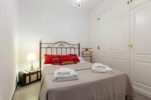 1 dormitorio con 1 cama con toallas en Los Ventanales Plaza Mayor en Madrid