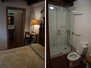 two pictures of a bathroom with a shower and a toilet at Quinta do Espírito Santo in Angra do Heroísmo